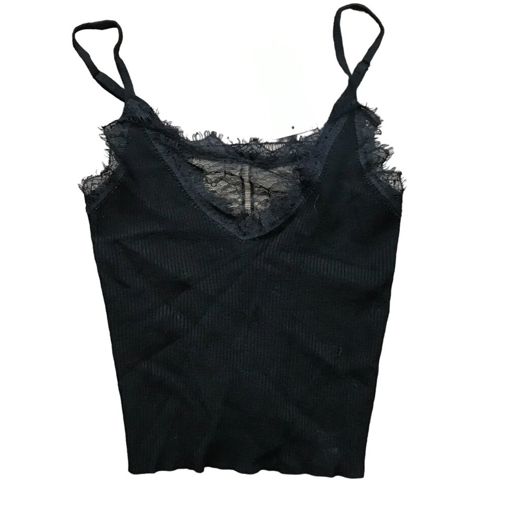 American Threads Knit‎ and Lace Top Women's M Black Spaghetti Strap Viscose NEW